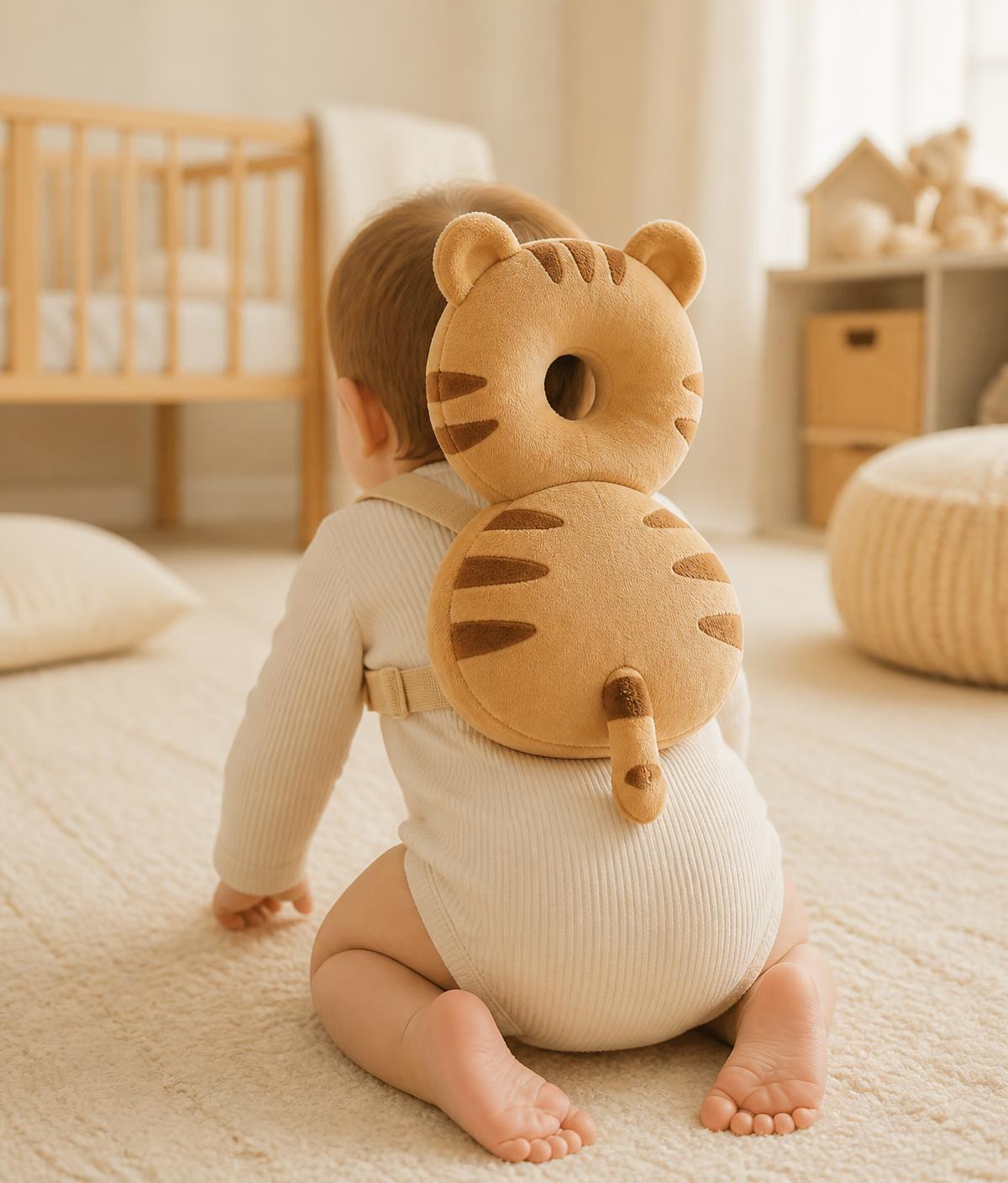 Bebé con mochila acolchada con forma de tigre